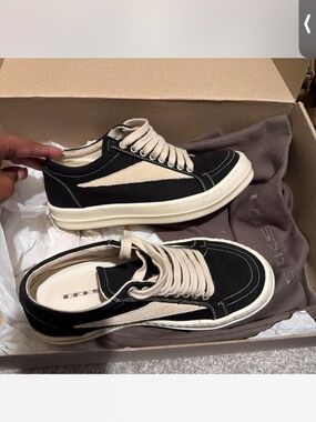 Rick Owens Black and Cream Low-Top Sneakers